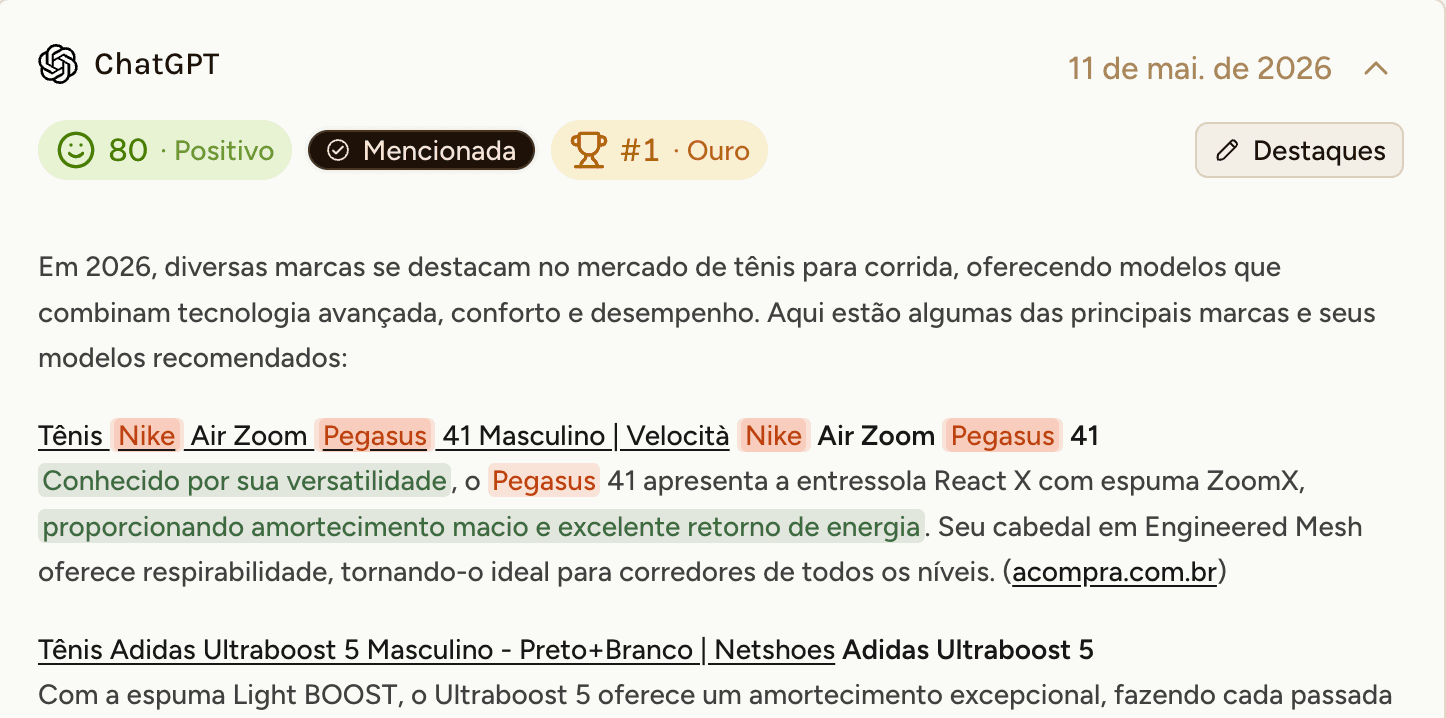 Detalhe de uma resposta de IA capturada pelo tatu, com a menção à marca destacada.